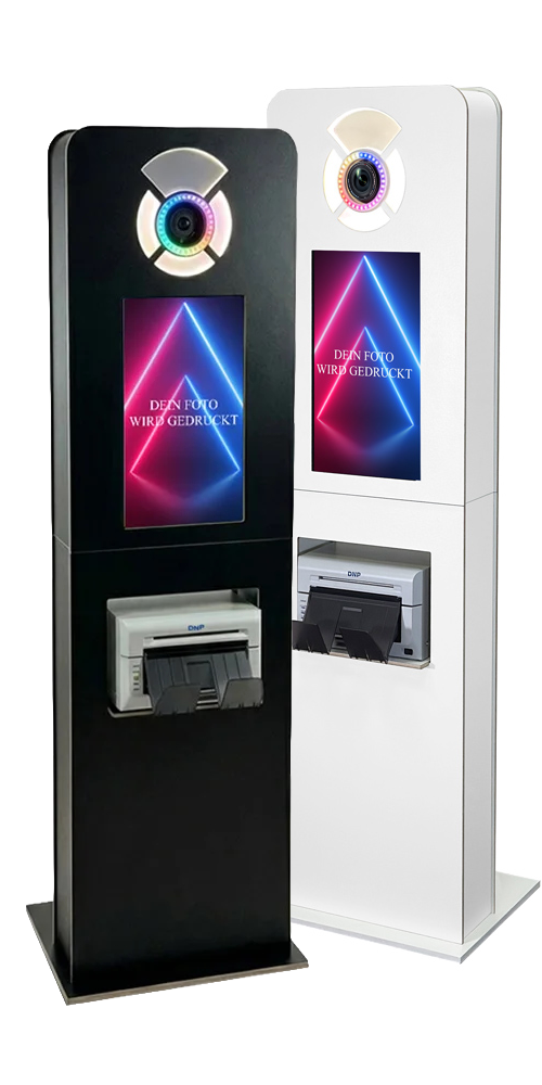 Mobile column photo booth for trade shows with AI