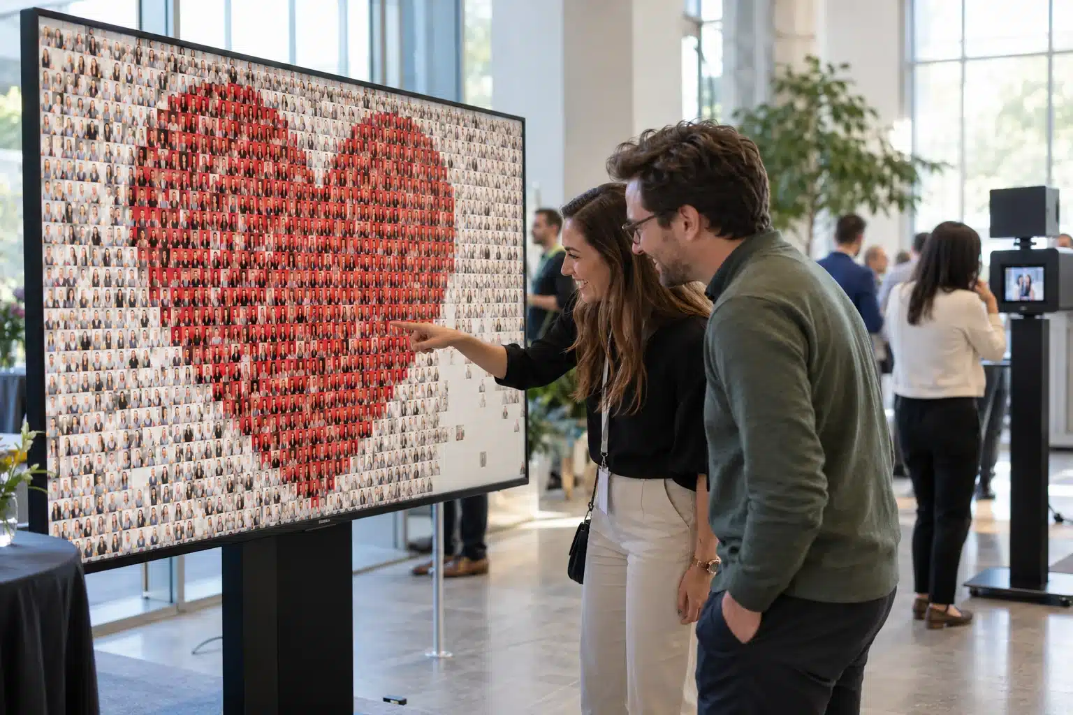 Visualisierung: Gäste entdecken Porträtfotos in einer digitalen Mosaic Wall auf einem Bildschirm.
