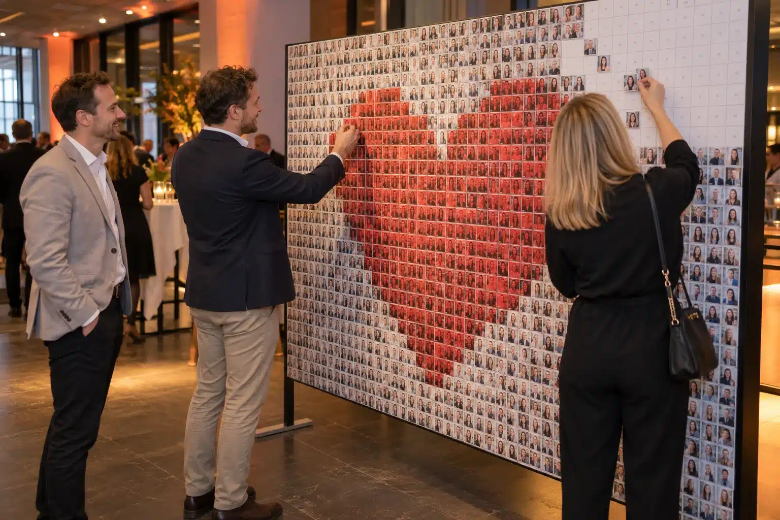 Visualisierung: Gäste platzieren Fotoausdrucke an einer physischen Mosaic Wall mit Herzmotiv.